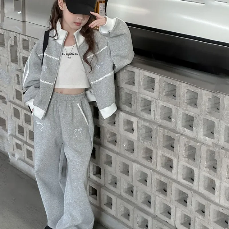 Coat Pants Sweatshirt Set Bow Winter Girl Sets Outfits Fashion Girls Outfit Elementary Student Clothes Children Girls' Autumn