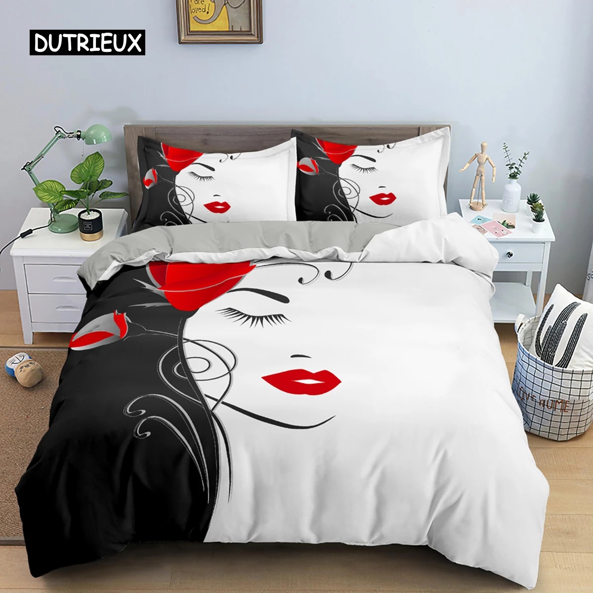 

Hand-drawn Woman Portrait Duvet Cover Set Microfiber Black And White Floral Background Bedding Set For Girls 2/3pcs Quilt Cover