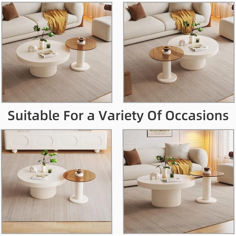 ラウンドネストコーヒーテーブル、クリーミーホワイトのかわいいセンターテーブルと強化ガラスサイドテーブルセット、リビングルーム用のモダンなエンドテーブル
