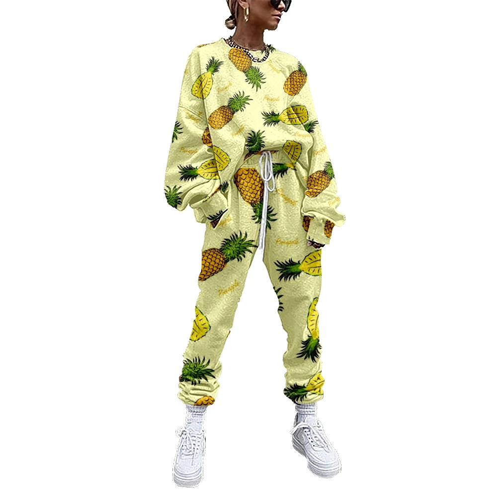 

Women Tracksuit 2 Piece Outfit Sweatshirt+Straight Sweatpants Matching Set Fruit Pineapple Fitness Sporty Streetwear 9