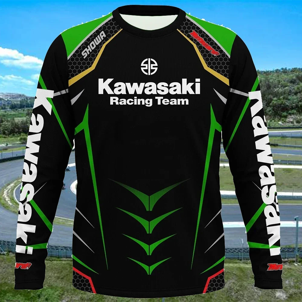 New Popular Kawasaki Motorcycle Racing Team Men's T-Shirt Long Sleeve Spring and Autumn Women's T-Shirt 2425 New Sports Top