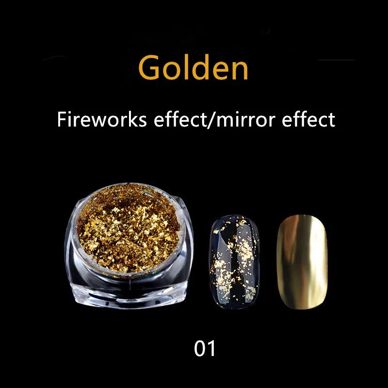 1 個のゴールデンとシルバーのマジックミラーパウダー、金箔パウダー、ネイルアートグリッター