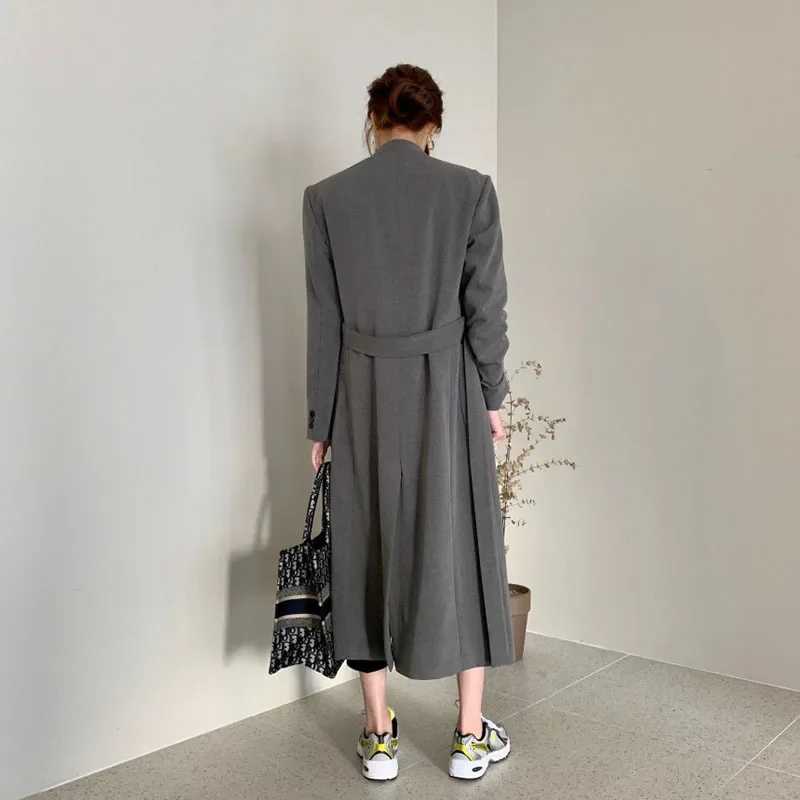 Herbst Vintage V-ausschnitt Einzigen Taste Lose Große Tasche Mid-Länge Frauen Blazer Grau Casual Lose Langarm Anzug Jacke mantel