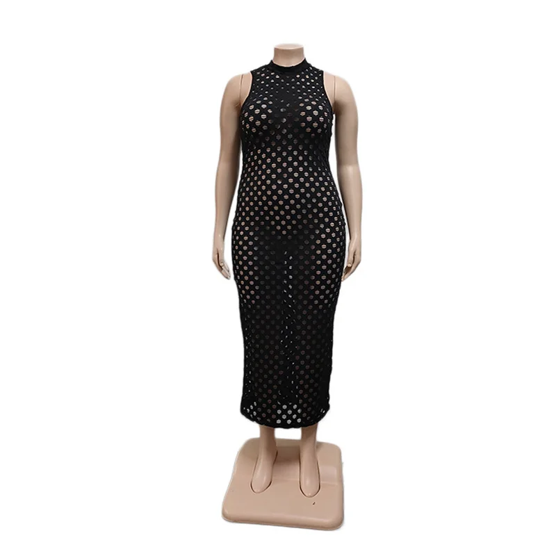 Black O Neck Sleeveless Bodycon Women Dress Sexy See Through Hollow Out Fishnet Vestidos Summer Party Nightclub Dress XL-5XL