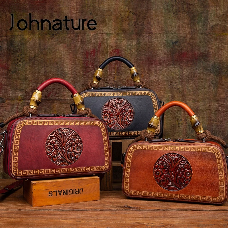 Johnature 2024 New Vintage Women Bag Luxury Genuine Leather Handmade Handbag First Layer Cowhide Shoulder & Crossbody Bags