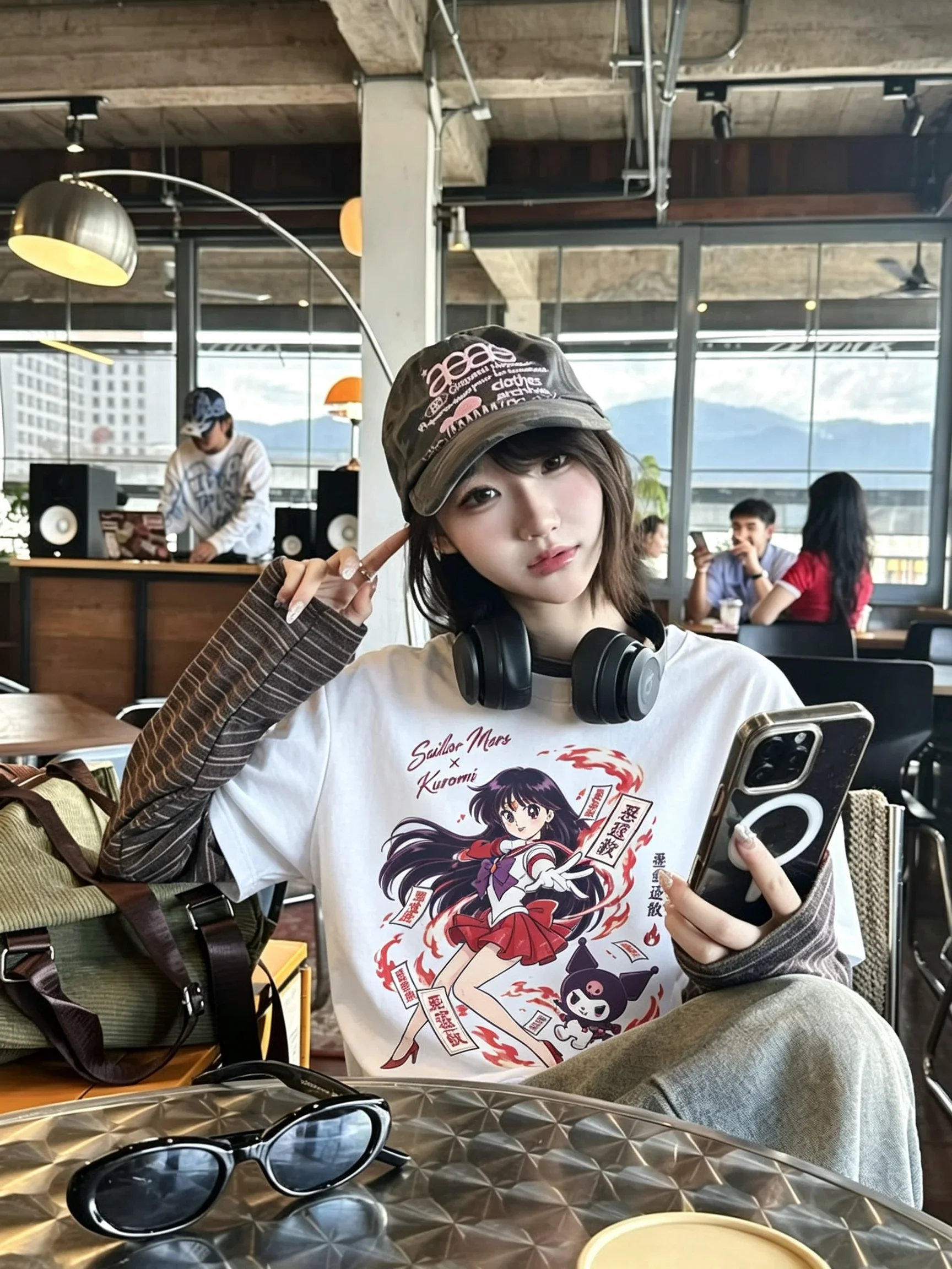 White Tee Men's Women's Sanrio Hello Kitty Sailor Moon Parent Child Anime Cool Art Print Oversized Short Sleeve Streetwear Top