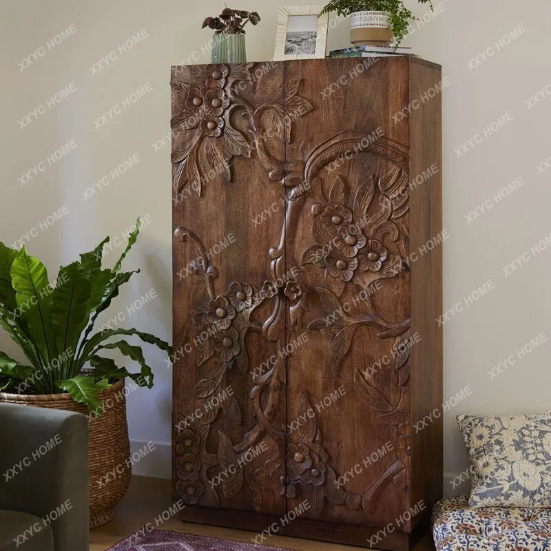Retro solid wood wardrobe medieval carved two-door storage locker bedroom walnut light luxury wardrobe