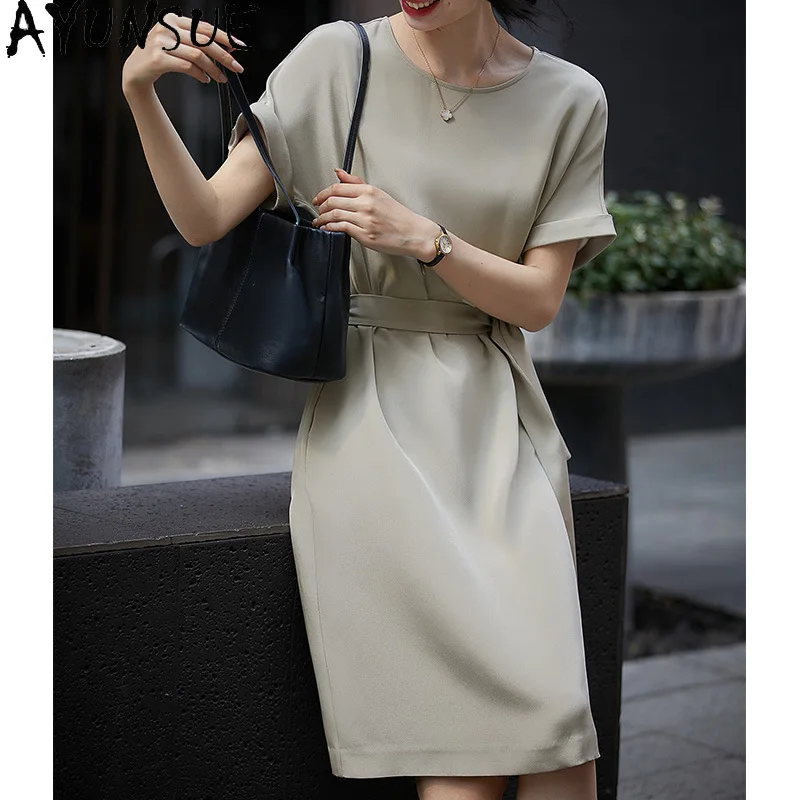 

AYUNSUE 30mm Mulberry Silk Dresses for Women Solid Color Lace-up Dress Summer Dresses Elegant Commuting Woman Clothes Vestidos