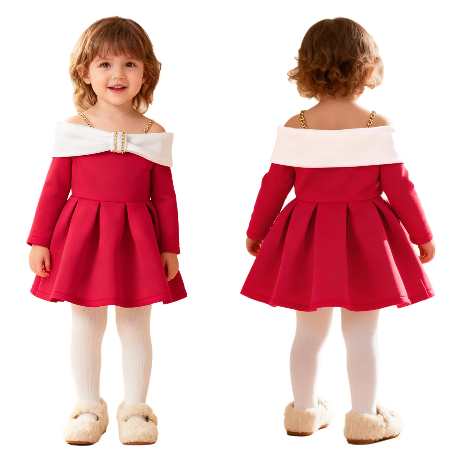 Toddler Baby Girls Big Bow Princess Dresses Off Shoulder Long Sleeve Pearls Dress Vestido for Wedding Pageant Birthday Party