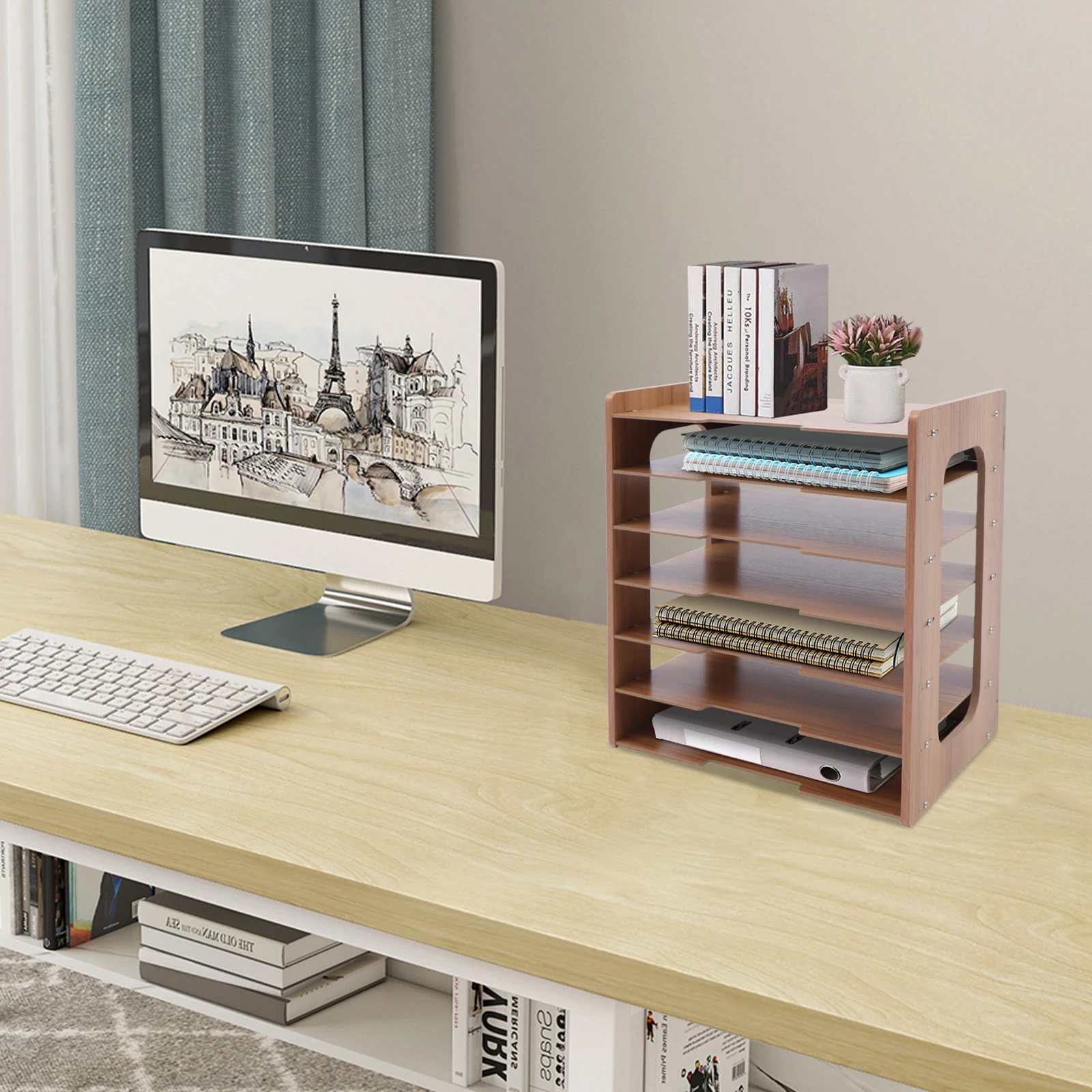 فارز مستندات خشبي واسع من 7 طبقات، منظم بريد سطح المكتب بسعة كبيرة لحمل أوراق A4 والكتب والمجلات في المكتب #2