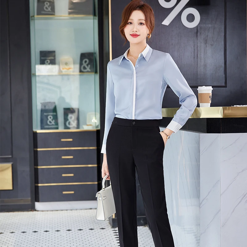 NAVIU Fashion Gray Shirt Women New Spring Temperament Elegant Patchwork Satin Long Sleeve Formal Blouses Office Ladies Work Tops