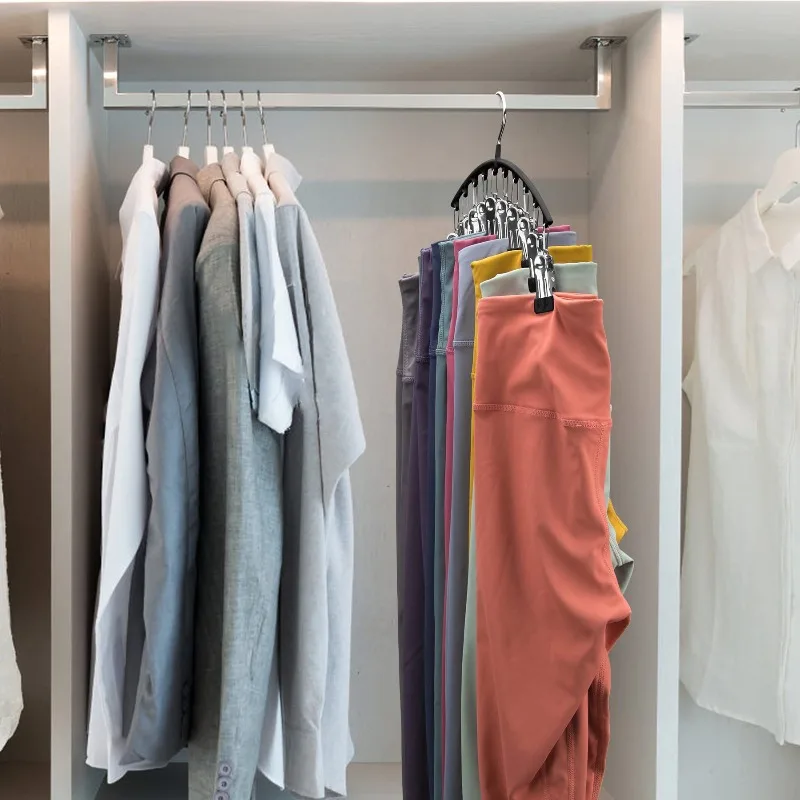 1-6pc Curved Shape Hanger With 10 Clothespins Metal Yoga Pants Hangers Organizer For Closet Pants Hats Hanger Holds 10 Leggings