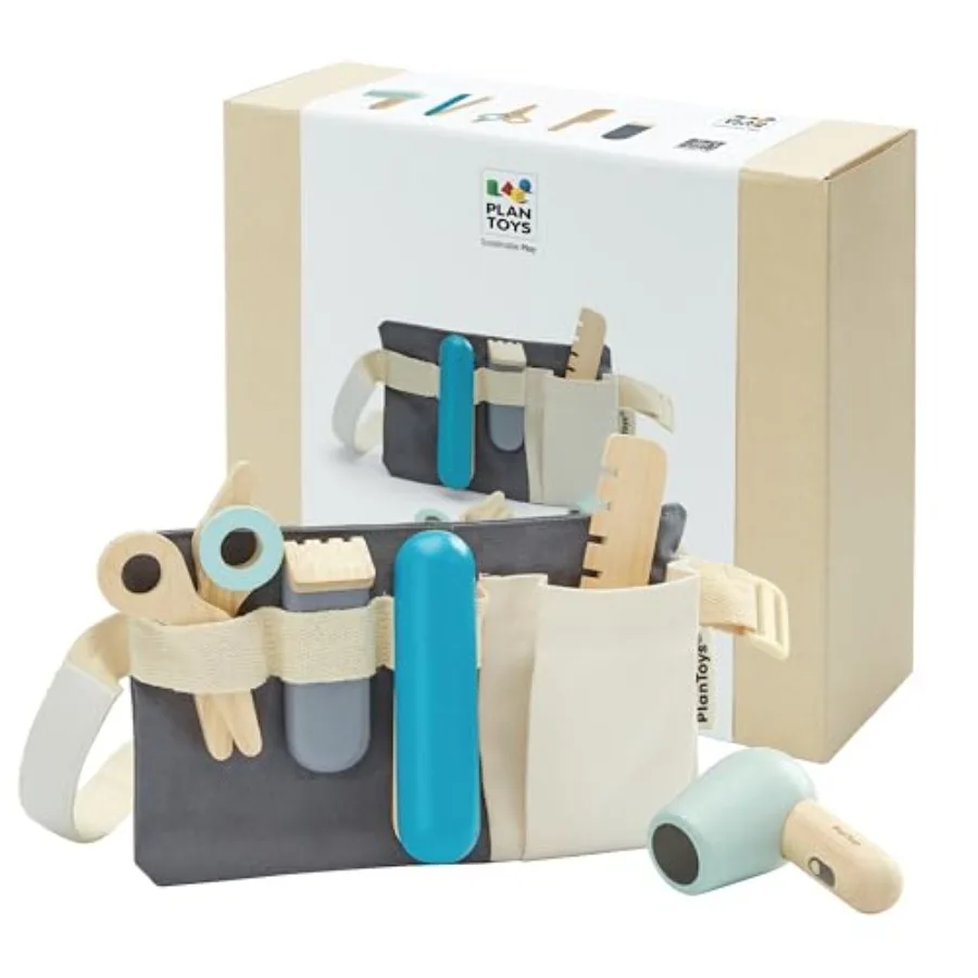® Kit de Madera con Tijeras, Secador, Peine, Plancha, Cortapelos y Bolsa de Cinturón para Juego de Imitación de Salón de Belleza, Juguete Montessori de Barbería