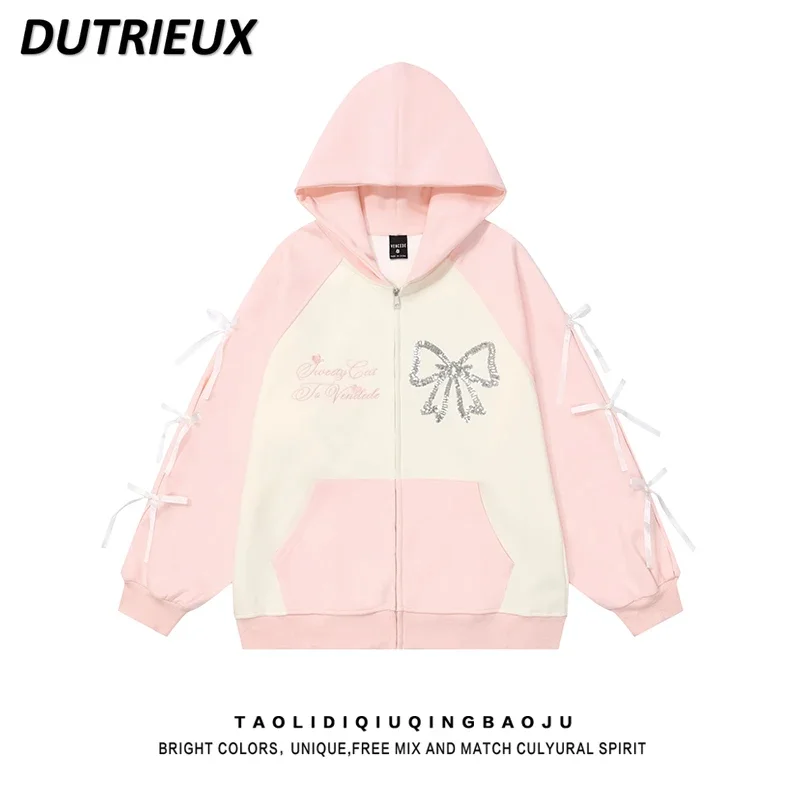 

Sweet Wind Sequined Bow Hooded Sweatshirt Women's Spring and Autumn Age Reduction Versatile Niche Chic Beautiful Hoodies Coat