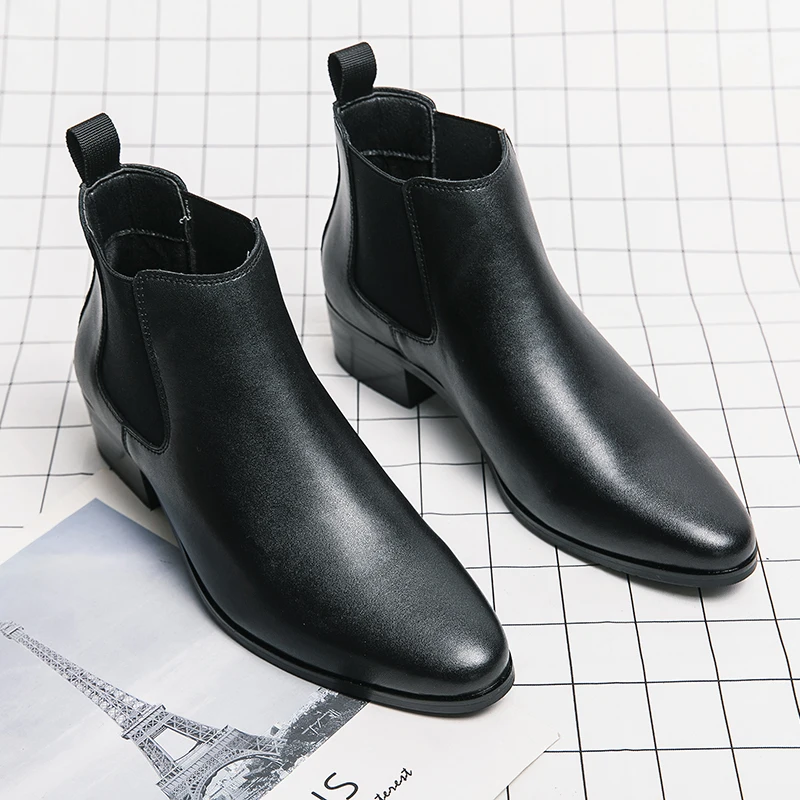 Luxury Brand Classic Mens High-heeled Boots Chelsea Fashion Leisure Shoes British Style Leather Ankle Boots Casual Trend Boots