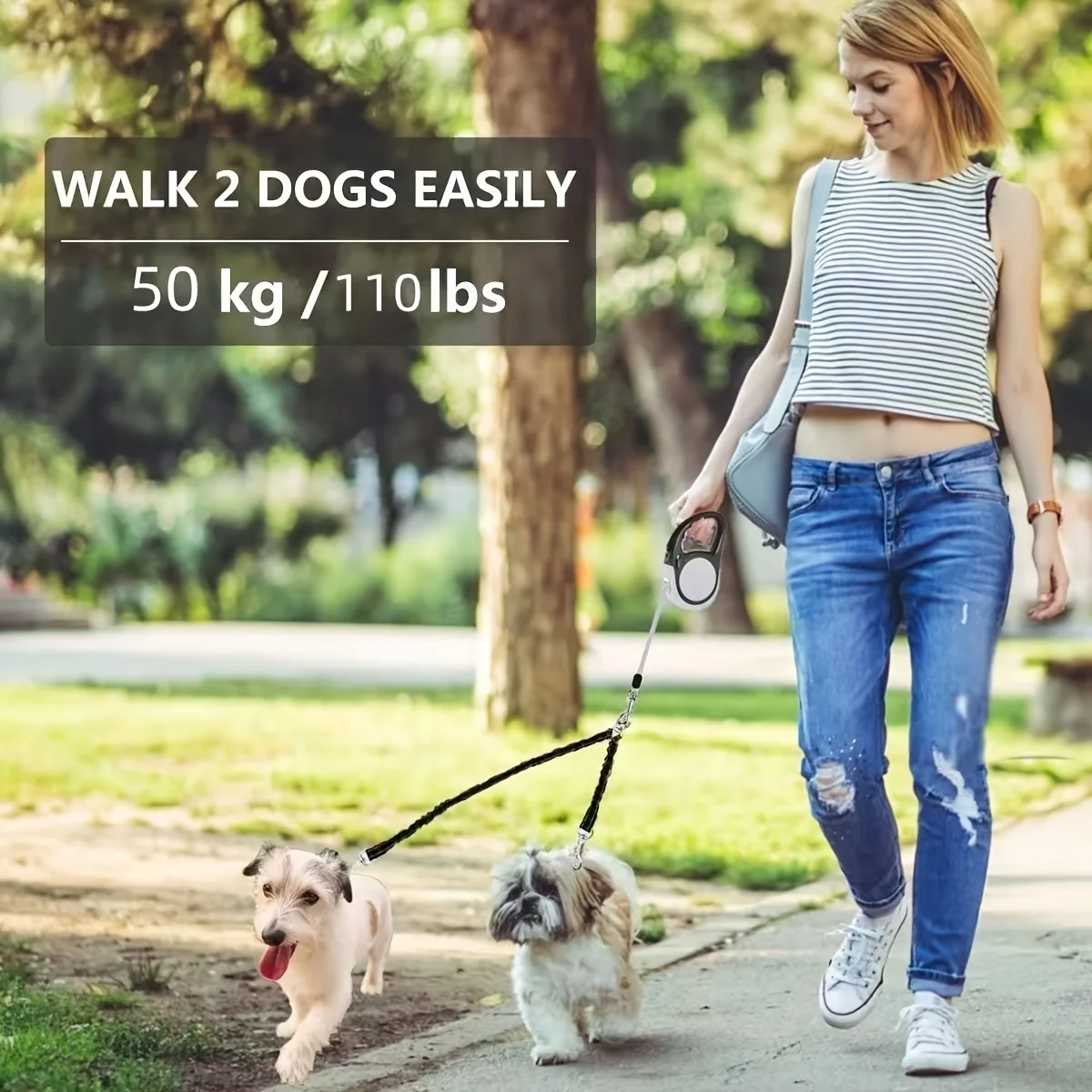 Pet Double-Ended Anti-Tangle Dog Leash, 360° Rotatable Dog Leash Coupler,Reflective Bungee Lead,for Walking Two Dogs Outdoor
