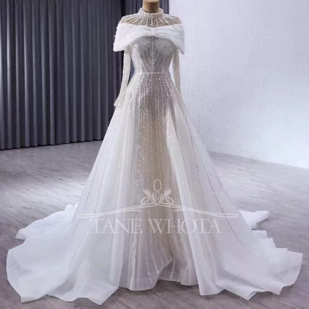 

Vestido De Boda Civil 2 в 1, персонализируемое свадебное платье с высоким длинным рукавом, на шнуровке сзади, расшитое блестками и бисером, стиль-футляр
