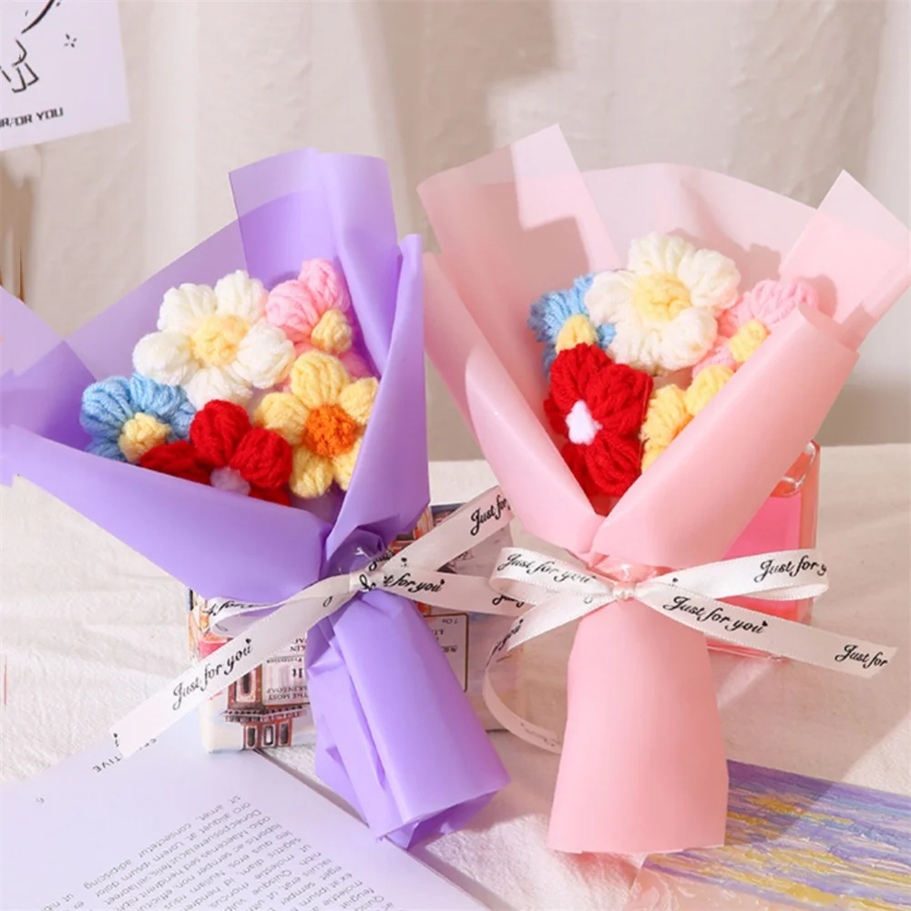 3/5Head Creative Puff Flowers Colorful Hand Woven Artificial Knitting Bouquets For Mother Lovers Home Decor Valentine's Day Gift