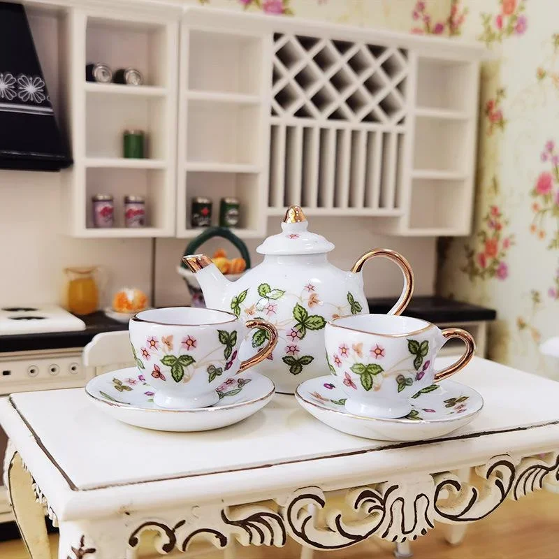 8PCS Flower Pattern Charms Dish Plate Tea Cup Set for 1/6 Scale Dollhouse House Miniature Pot Porcelain Ceramic  Print