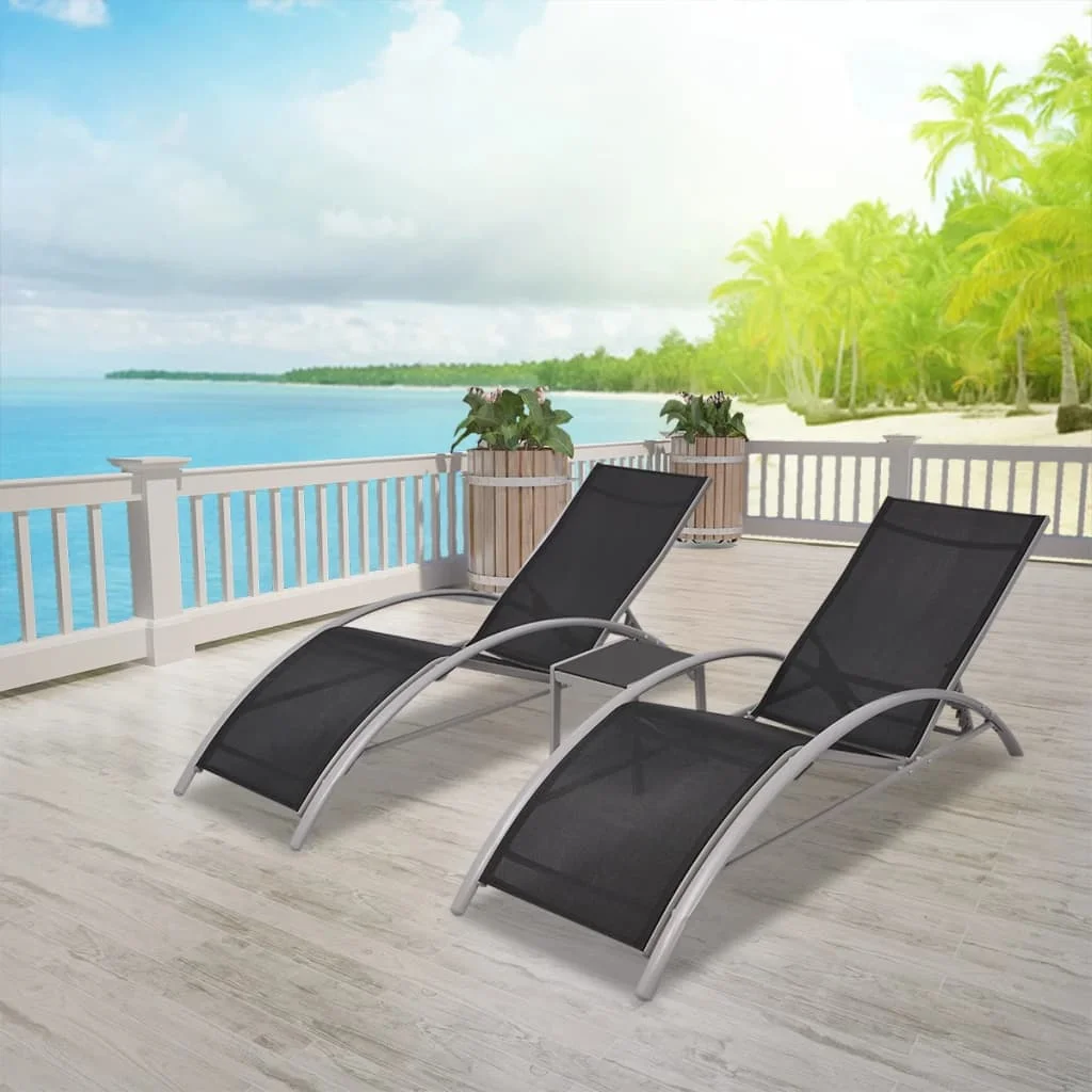 Chaises longues avec table, aluminium noir, chaise longue de jardin, chaise longue d'extérieur pour jardin, patio, bord de piscine, relaxation