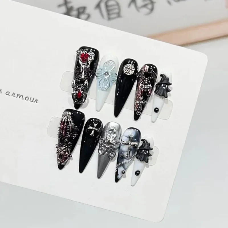 

Darkness Full Cover False Nails Press on Nails Fake Nails Diy Pure Handmade RemovableHalloween Spider Skull Long Pointed Round