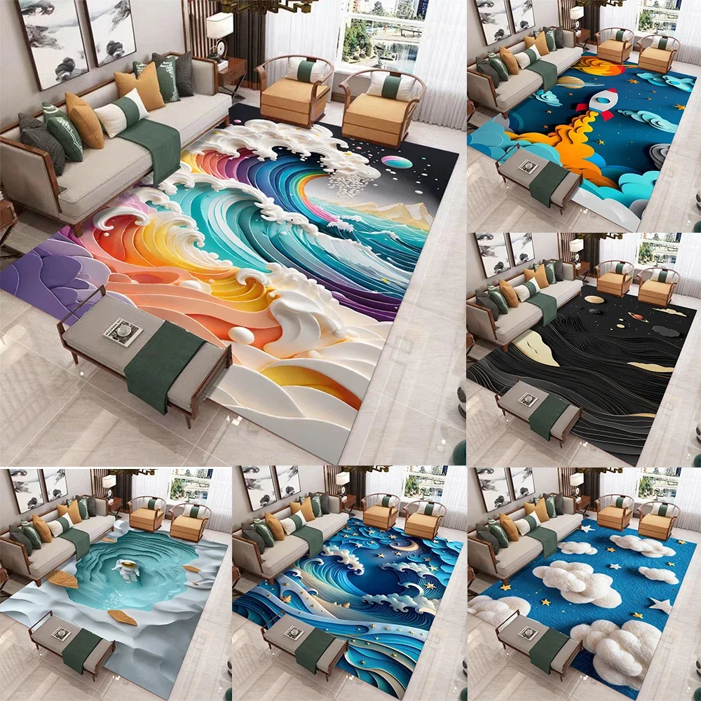 

3D ковер в художественном стиле, различные стили с радужной волной, облаком, астронавтом, звездной ночью, лунными узорами, ковер для декора гостиной