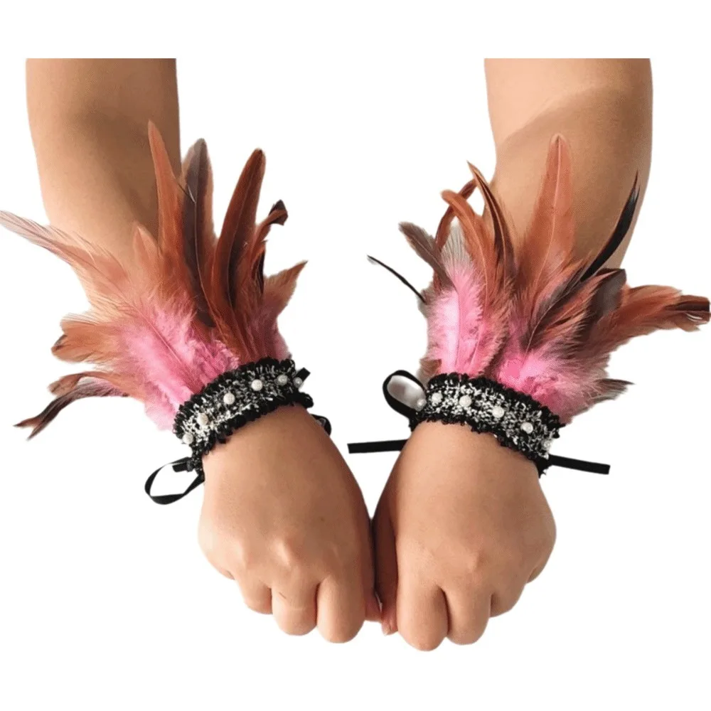 Elegant Lace Feather Wrist Cuffs Adjustable Pearl Halloween Arm Cuff Lightweight Gothic Plume Bracelet Cosplay