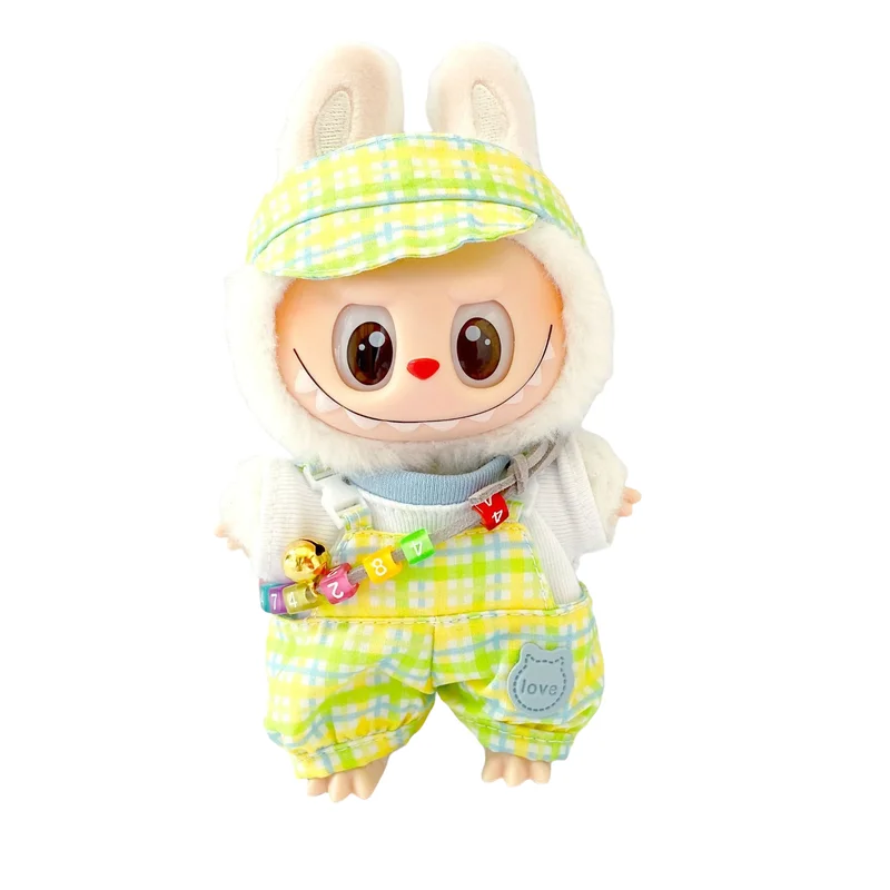 Labubu Tęczowa Krata Kolorowe Ogrodniczki Zestaw Ubranek dla Lalek Pierwszej i Drugiej Generacji Wiszące Ozdoby Ubranka dla Lalek Zabawka dla Dzieci