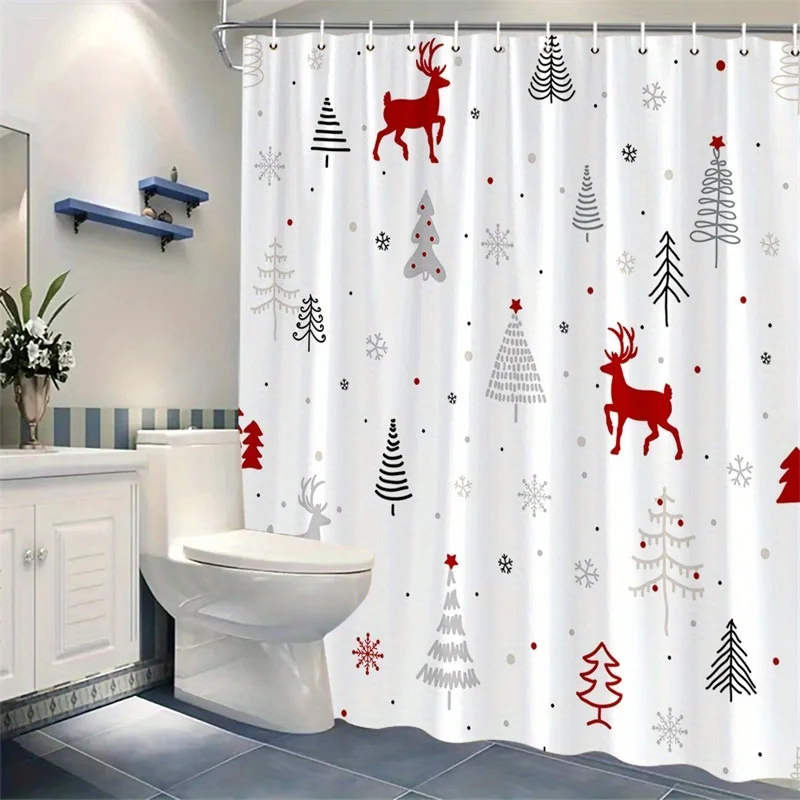 1pc 2D Flat Shower Curtain, Line Art Print of Reindeer & Pine, Christmas Bathroom Decor, Great Gift for Christmas