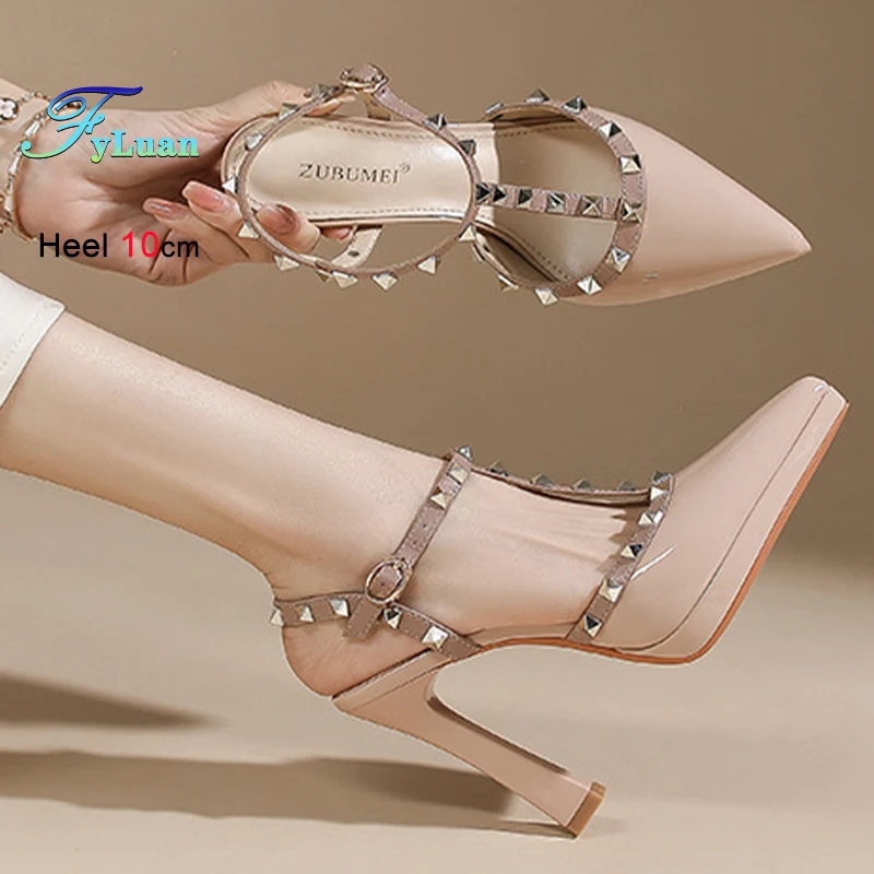 

Sexy Rivet Heels Shoes Fashion Simple Pointed Toe Naked Color Stiletto Sandals 10cm Super High Heels Evening Party Single Shoes