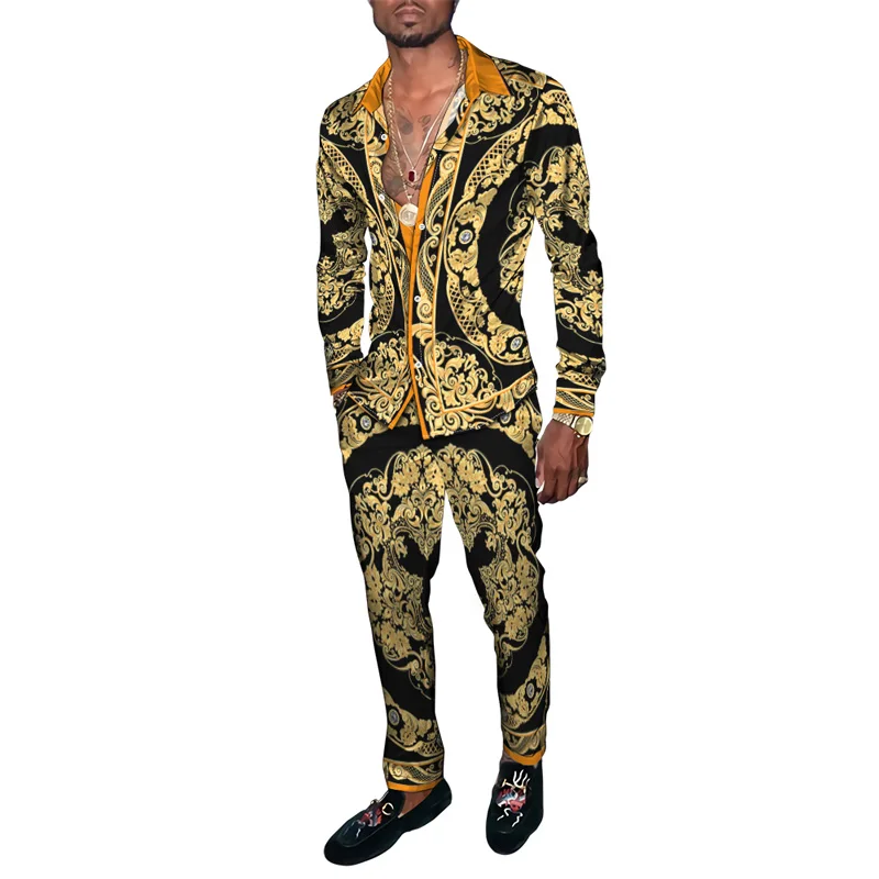 Men Travel Casual Retro Ethnic Floral Totem 3D Print Tracksuit Male Long Sleeves Lapel Button Cardigan Shirt Pants 2 Piece Set