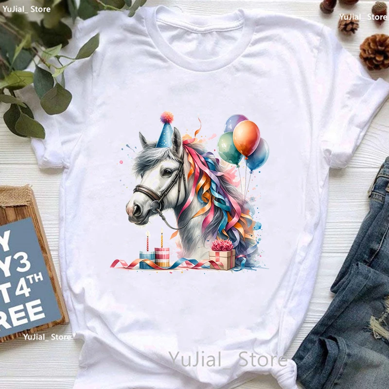 Colorful Horse Birthday Printed T Shirt Women'S Clothing Funny Casual Tshirt Femme Harajuku Kawaii Clothes T-Shirt Female Tops