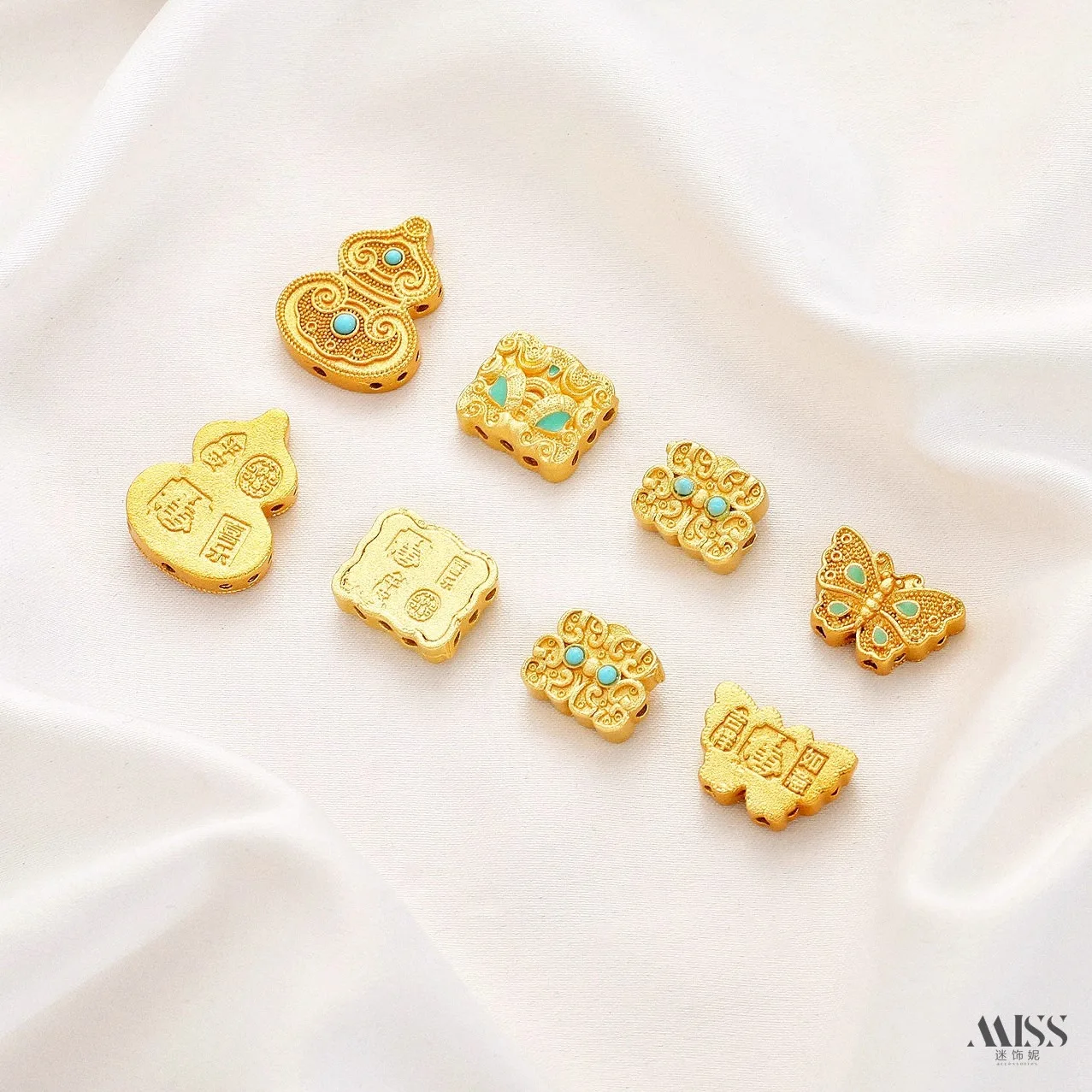 Vietnam Sand Gold Color-preserving Inlaid Turquoise Gourd Butterfly Animal Beads For DIY Braided Rope Jewelry Accessories