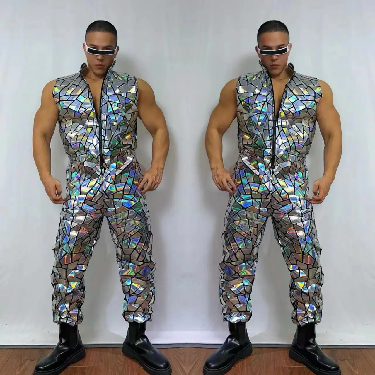 Reflective Laser Mirror Silver Sequins Sleeveless Jumpsuit Male Jazz Hip Hop Dance Team Performance Costume Bar Party Stage Wear