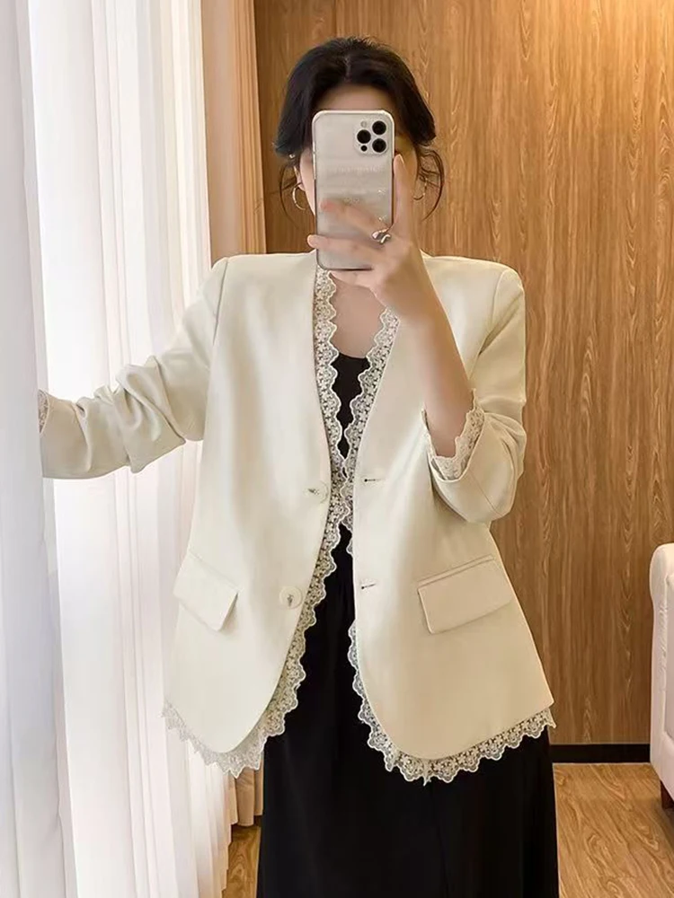 

Lace Patchwork Elegant Blazer Women Fashion V Neck Long Sleeve Sweet Suit Coat Fall Korean Casual Female Chic Solid Jacket New