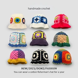 Korea Crochet Hollow Flower Bucket Hat Women Cotton Handmade Knitting Hat Japanese Girl Autumn Sweet Cute Y2k Fisherman Hat