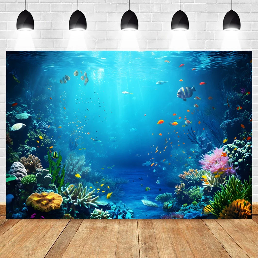 Underwater World Seabed Theme Photography Backdrop Ocean Undersea Sunlight Deep Blue Water Sun Ray Fish Tank Decor Background