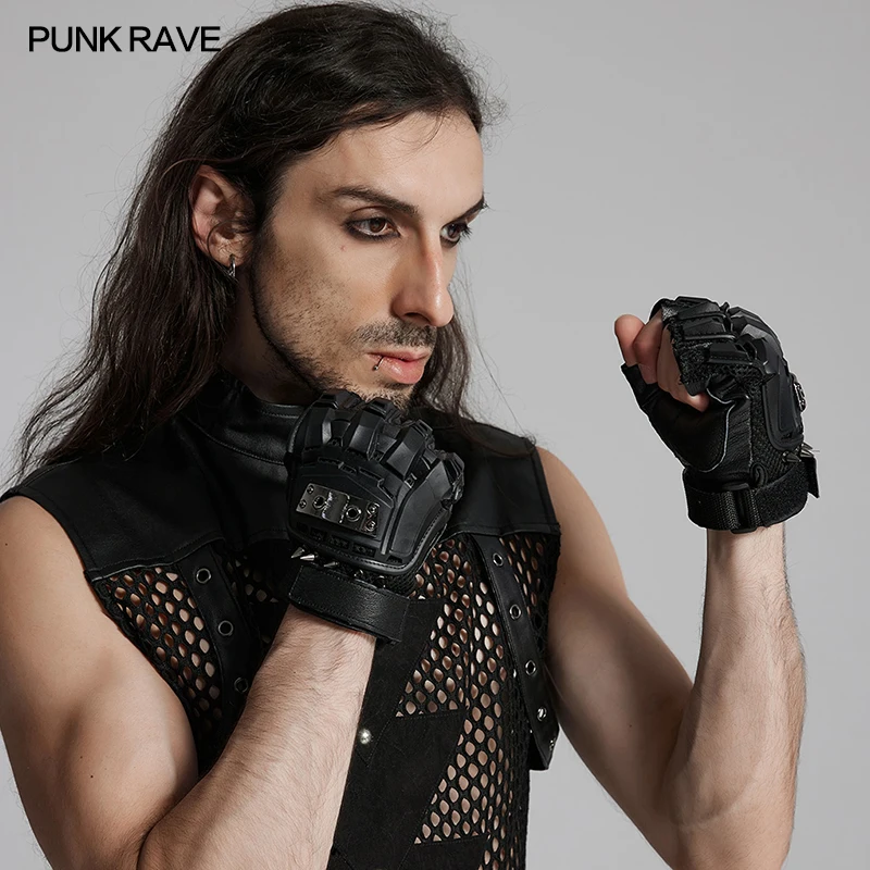 PUNK RAVE Men's Cyber Punk Elasticity Breathable Mesh Sheepskin Armored Gloves Handsome Novelty Men Accessories