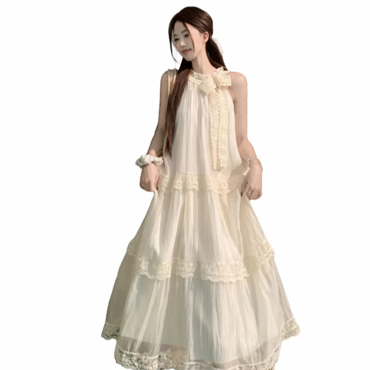 New Holiday Style French Halter Neck Bow Lace Elegant Casual Girly Dress for Women