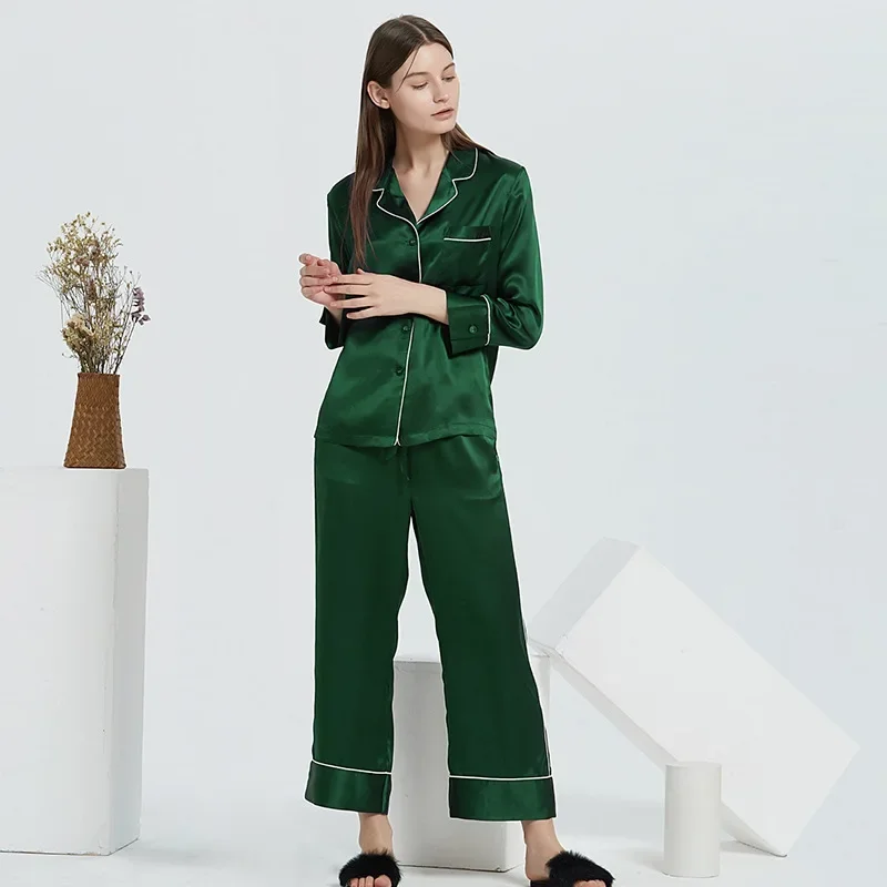 22 Momme 100% Mulberry Silk Pajama Sleepwear Set Casual Long Sleeve Cardigan & Pants Women's Pajamas Casual 2 Pieces Loungewear