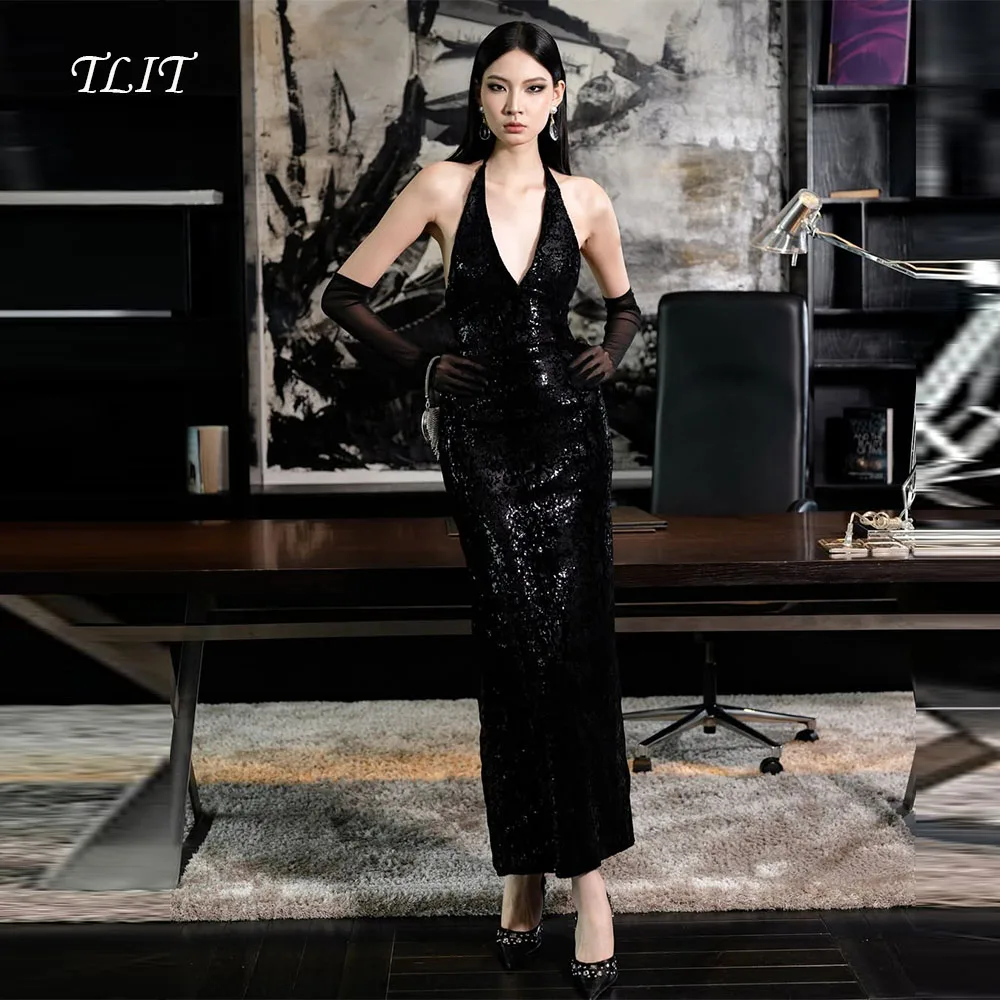 

TLIT Sexy Black Sequined Halter Evening Gown Dresses Sheath Halter Ankle-Length Cocktail Dresses Customized Formal Party