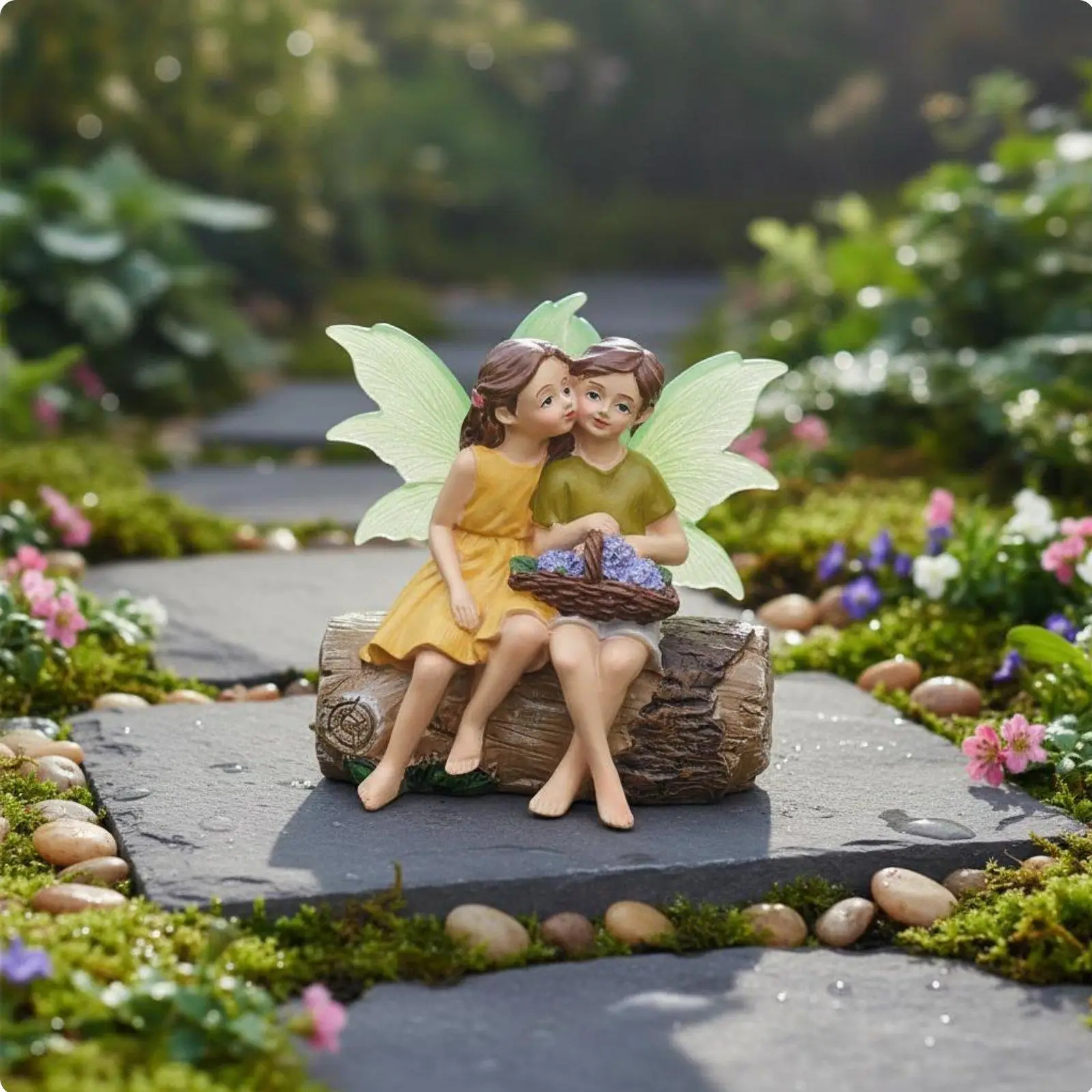 Boy and Girl Fairy Miniature Romantic Design Kissing Fairies on Log Ornament