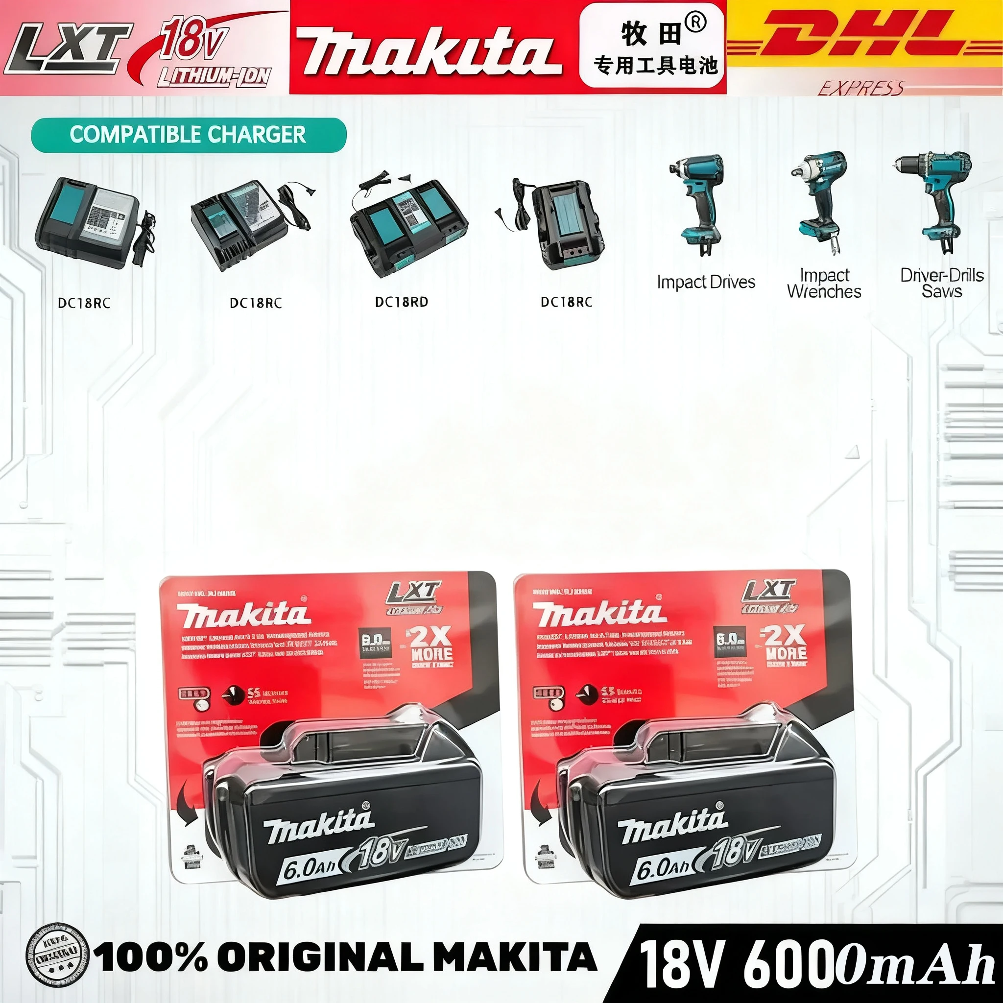 

BL1860 Original Makita 18V 6.0Ah Rechargeable Battery,Makita BL1860B BL1850 100% Perfect Replacement,Compatible DHP482 Tools