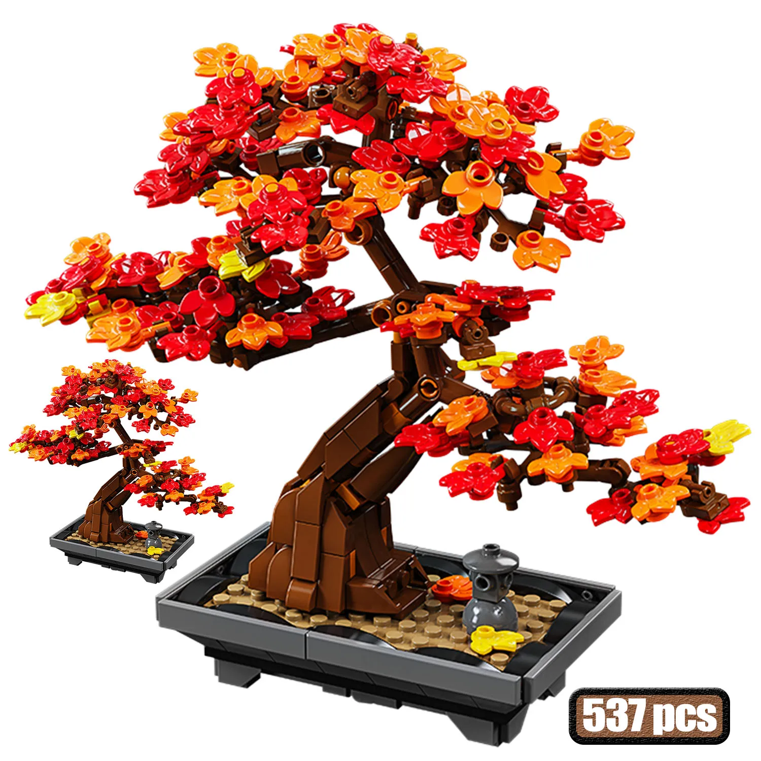 537PCS City Red Maple Leaf Bonsai Building Blocks Creative Potted Plant Model MOC Desktop Decoration Assemble Bricks Toys Gifts