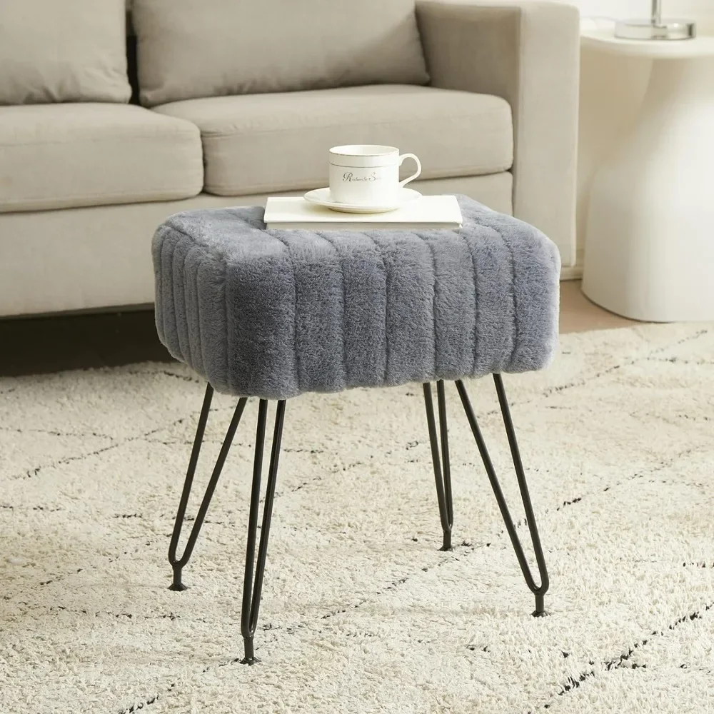 Vanity Stool Chair, Soft Faux Fur Chair, Makeup Stool with 4 Metal Legs & Adjustable Black Feet, Modern Gray