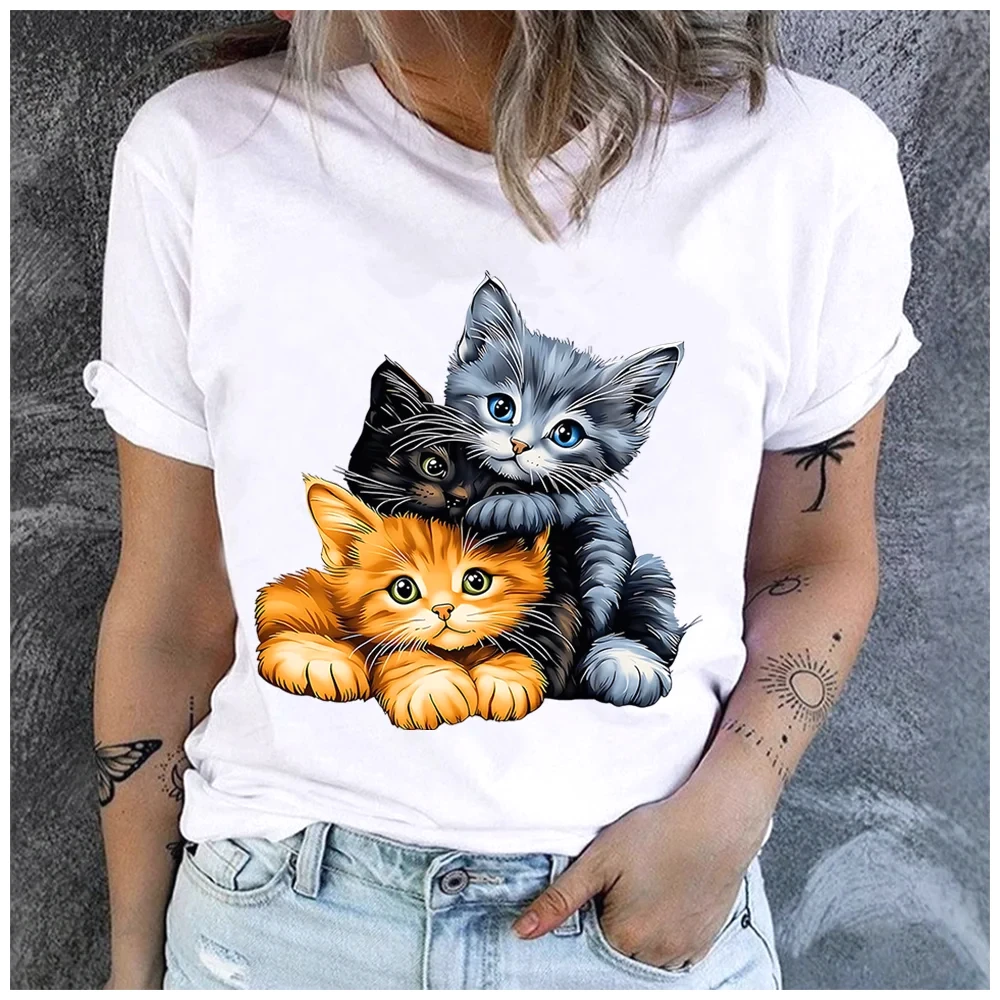 Women's Summer New Cute Three Cats Print T-shirt Loose Round Neck Casual Short Sleeve Fashion Top Vintage Fashion Y2k Clothing