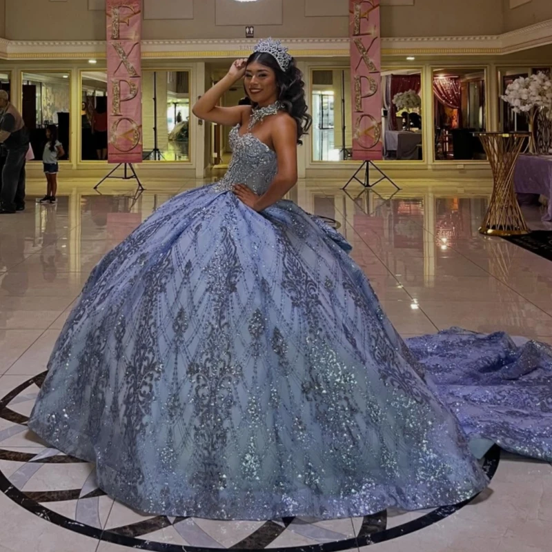 

Navy Blue Shiny Quinceanera Dresses Off The Shoulder Sequin Applique Lace Beading Crystal Tull Party Birthday Sweet 16 Dress Ves