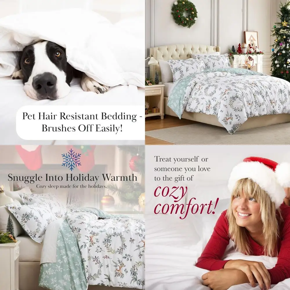 

Queen/Full Size Christmas Comforter Set with 2 Pillow Shams, Reversible Holiday Bedding, Classic Wreath Design