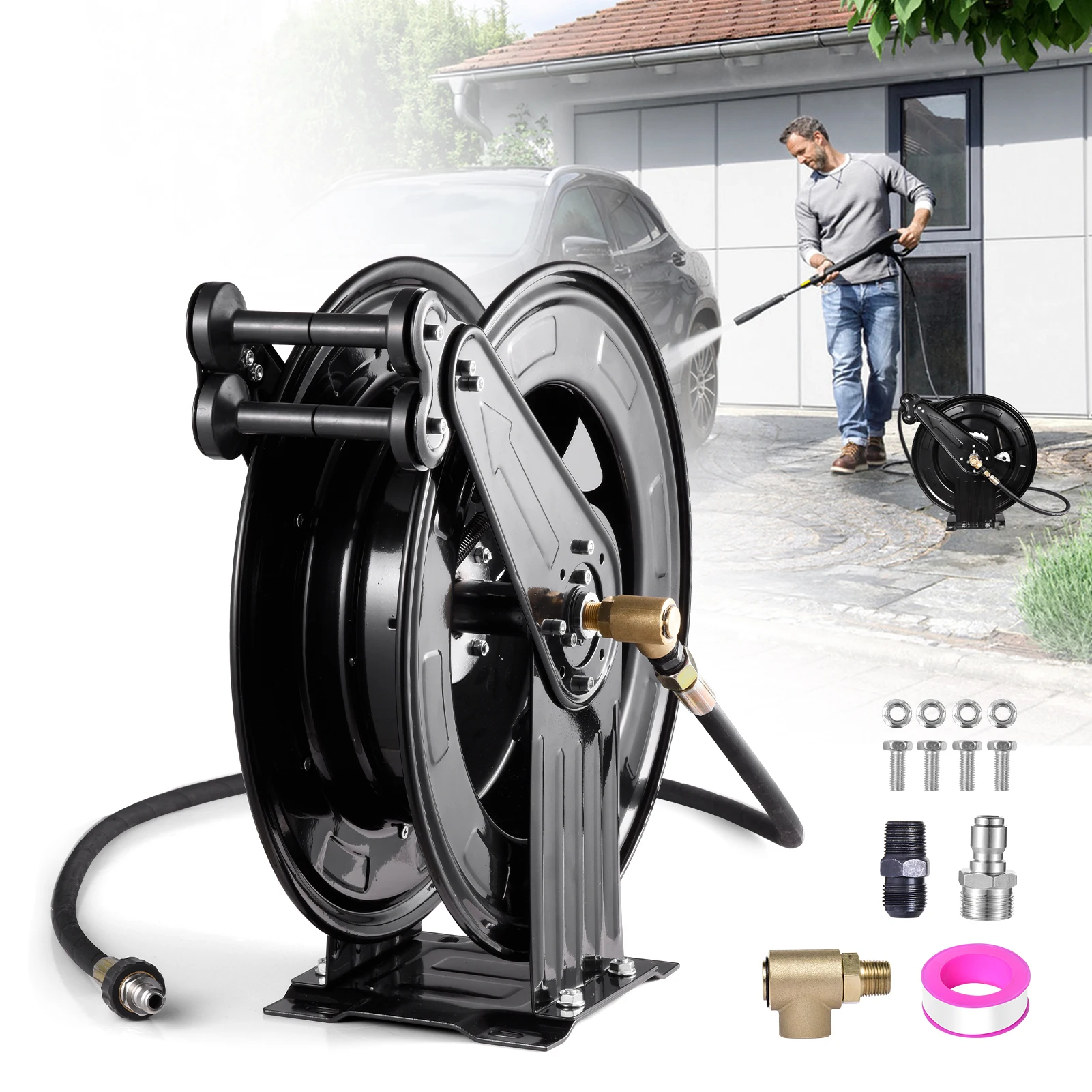 Pressure Washer Hose Reel M22, 0.59in X 50 FT Heavy Duty Steel Double Arm Retractable Power Washer Hose Reel, 4000 PSI High Pressure Air Water Oil Hose Reel, Wall Ceiling Floor Mounted with Auto Rewind Ratchet Lock System