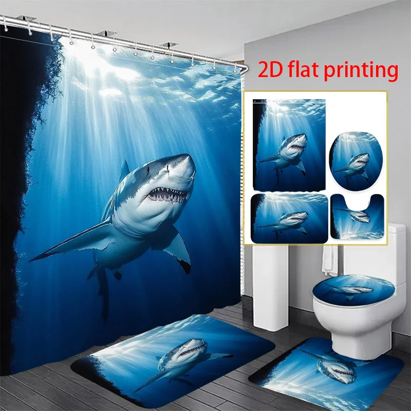 

4pcs 2D flat printing Shower Curtain Bathroom Set Great White Shark Underwater Sunlight. Non Slip Bathroom Rug, Toilet U Shape